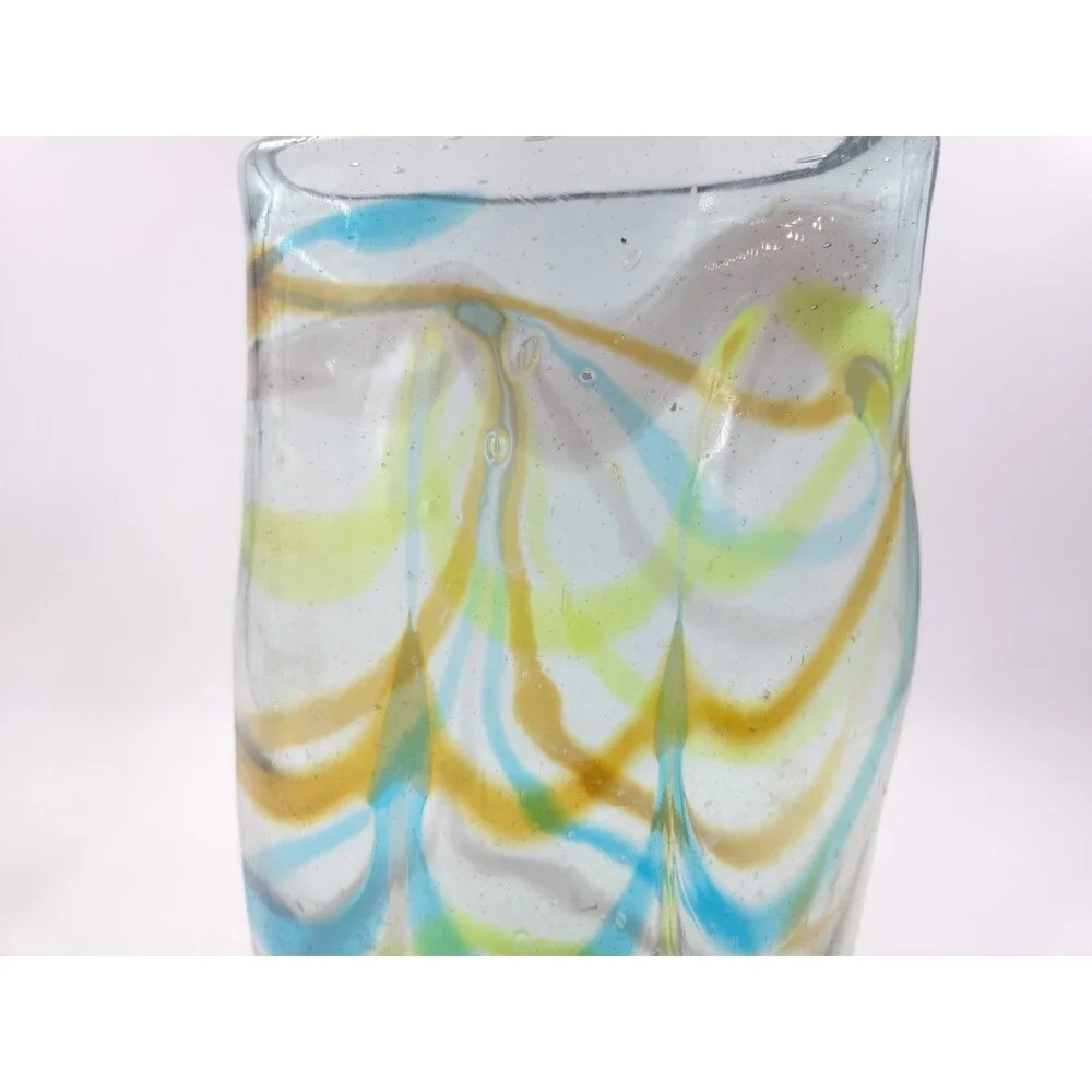 Vintage Lg Hand Blown Cased Art Glass Vase Blue Green Orange Stripes Unknown 11”